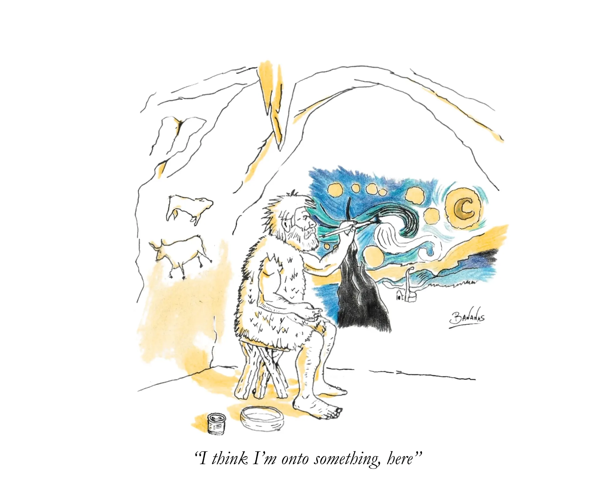 Vignetta: uomo delle caverne che dipinge una notte stellata